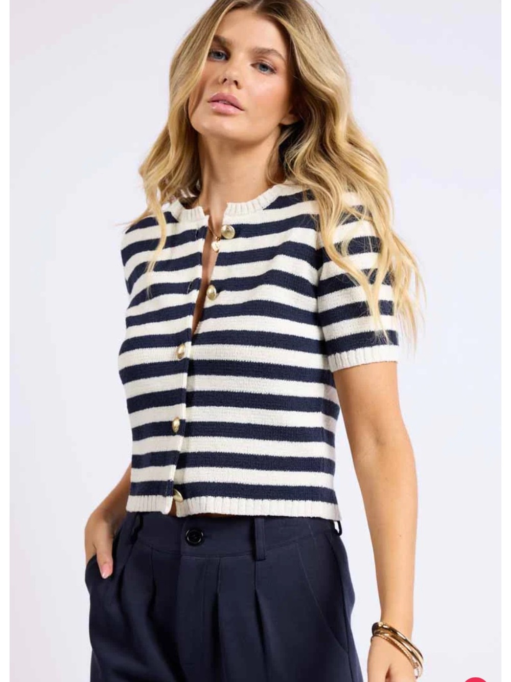 Sage Navy & White Striped Short-Sleeve Cardigan with Gold Buttons